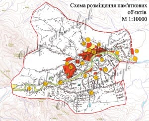 Схема розміщення пам’яткових об’єктів в місті Косові