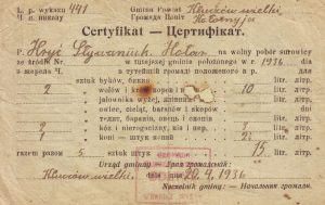Сертифікат на отримання соровиці для худоби (1936 рік).